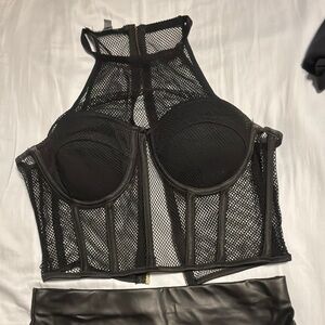 Black Mesh Corset Top and leather skirt outfit